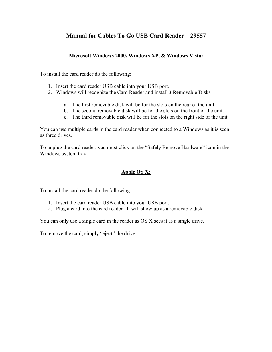 C2G 29557 Cables To Go USB Card Reader User Manual | 1 page