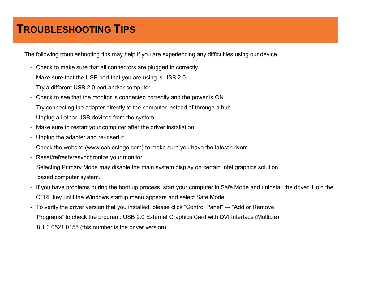 Roubleshooting | C2G 30535 USB 2.0 TO DVI-I ADAPTER User Manual | Page 43 / 48