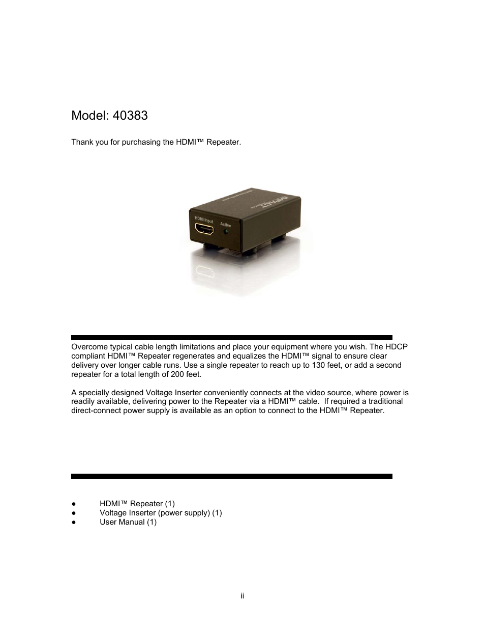 Hdmi™ repeater, Operation manual | C2G 40383 HDMI Repeater User Manual | Page 2 / 6