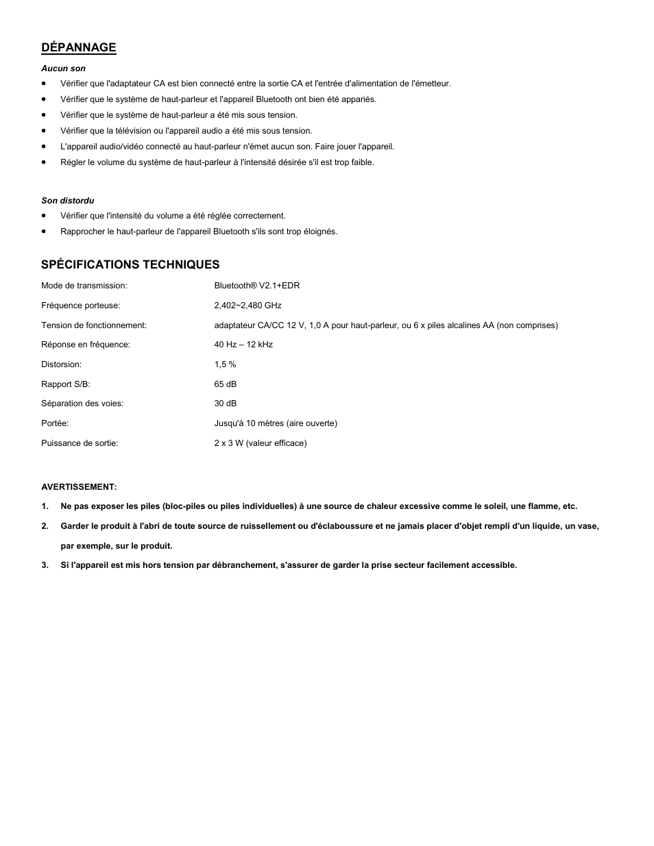 Dépannage, Spécifications techniques | C2G 41314 Audio Unlimited Bluetooth Speaker User Manual | Page 10 / 15