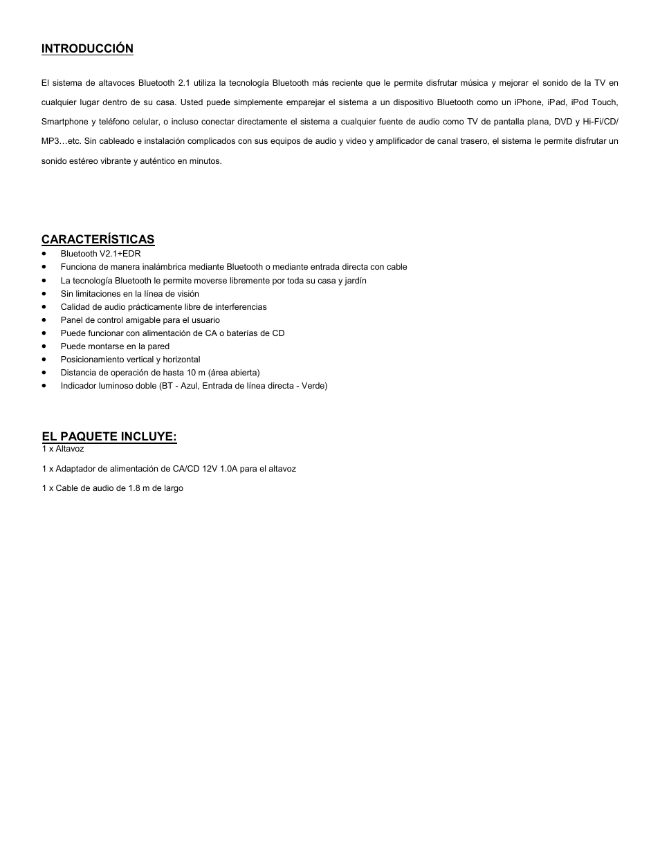 Características, Introducción, El paquete incluye | C2G 41314 Audio Unlimited Bluetooth Speaker User Manual | Page 12 / 15