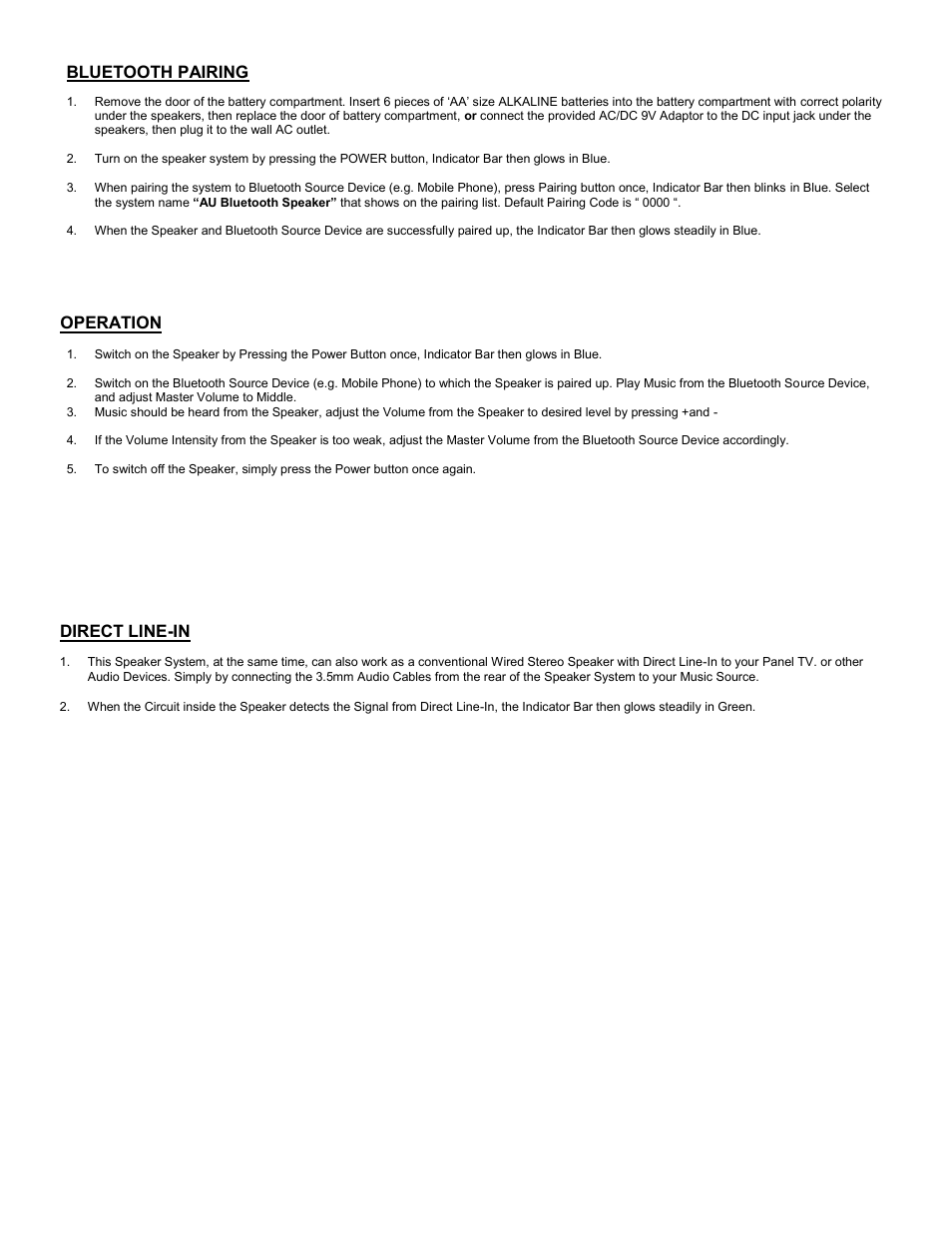 Bluetooth pairing, Operation, Direct line-in | C2G 41314 Audio Unlimited Bluetooth Speaker User Manual | Page 4 / 15