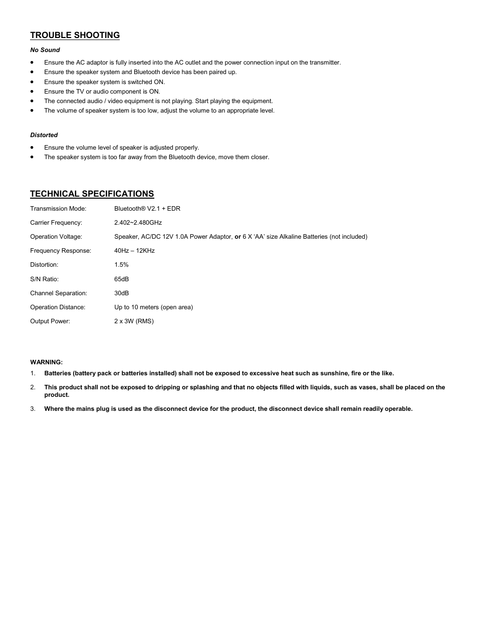 Trouble shooting, Technical specifications | C2G 41314 Audio Unlimited Bluetooth Speaker User Manual | Page 5 / 15