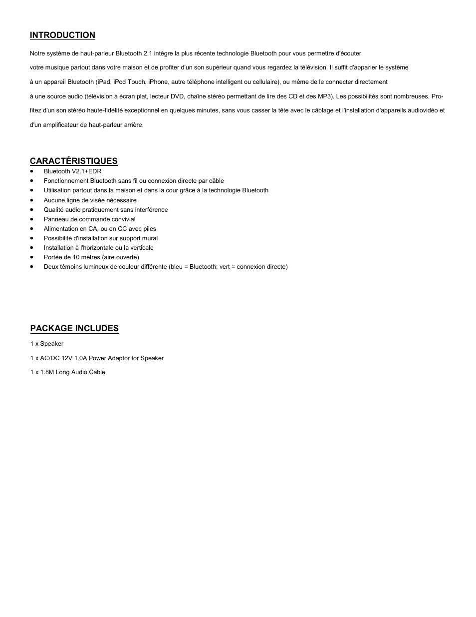 Caractéristiques, Introduction, Package includes | C2G 41314 Audio Unlimited Bluetooth Speaker User Manual | Page 7 / 15