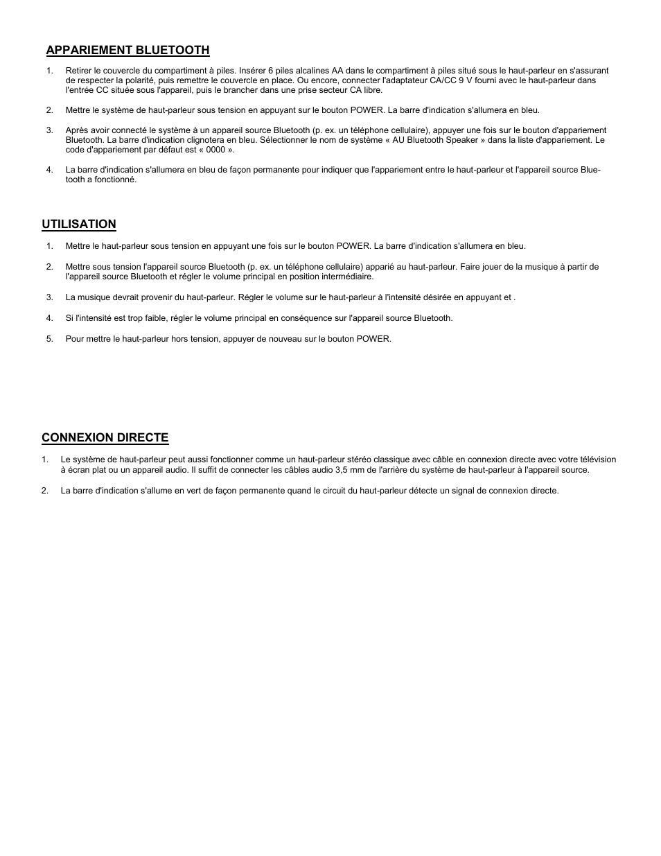 Appariement bluetooth, Utilisation, Connexion directe | C2G 41314 Audio Unlimited Bluetooth Speaker User Manual | Page 9 / 15