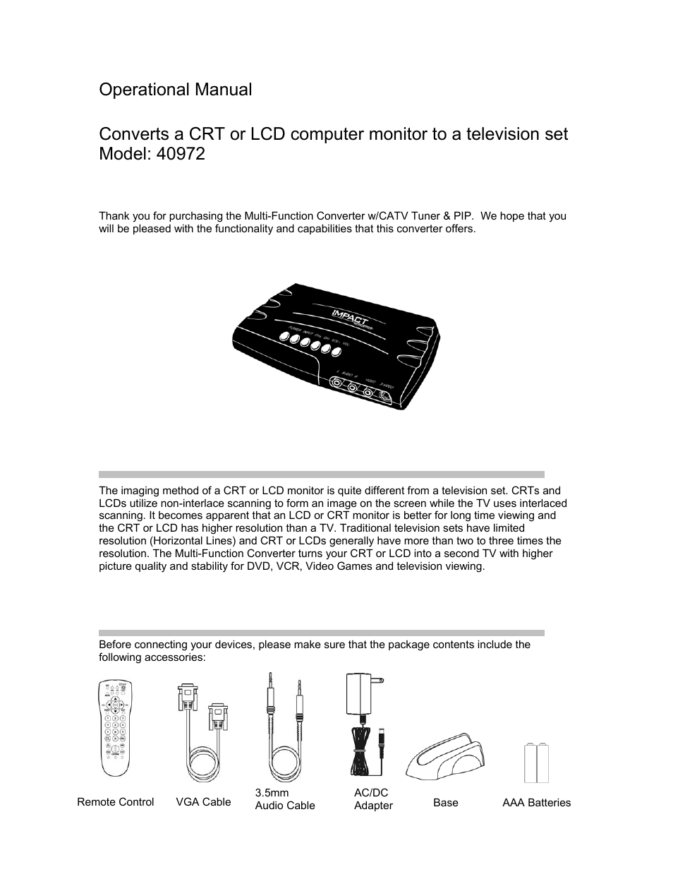 Multi-function converter w/catv tuner & pip, Operational manual | C2G 40972 Multi-Function Converter w_CATV Tuner & PIP User Manual | Page 2 / 14