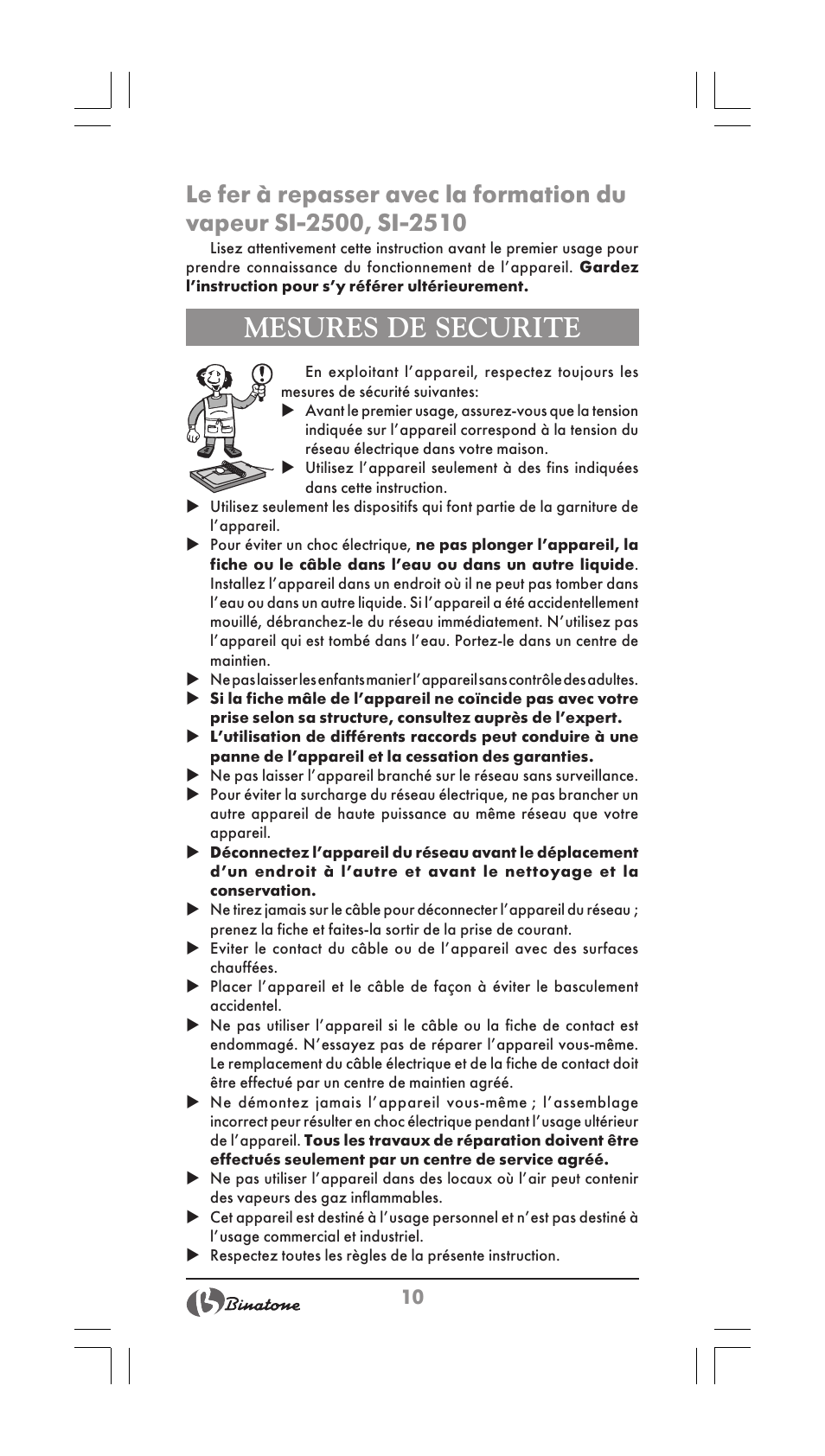 Mesures de securite | Binatone SI-2510 User Manual | Page 10 / 34
