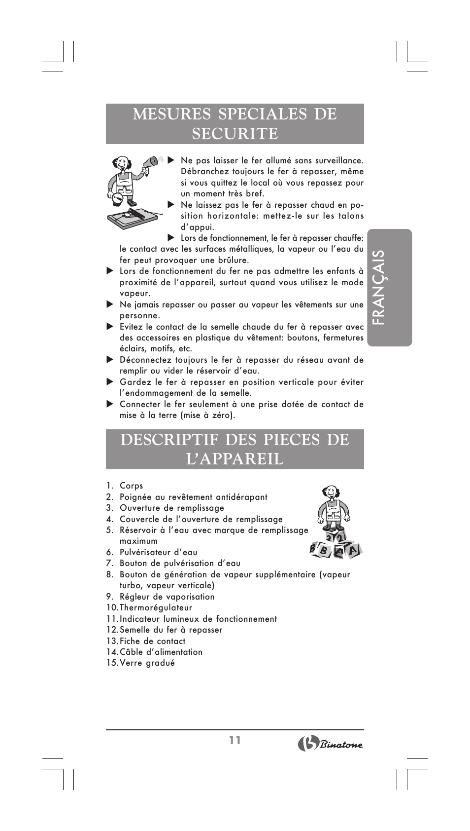Français mesures speciales de securite, Descriptif des pieces de l’appareil | Binatone SI-2510 User Manual | Page 11 / 34