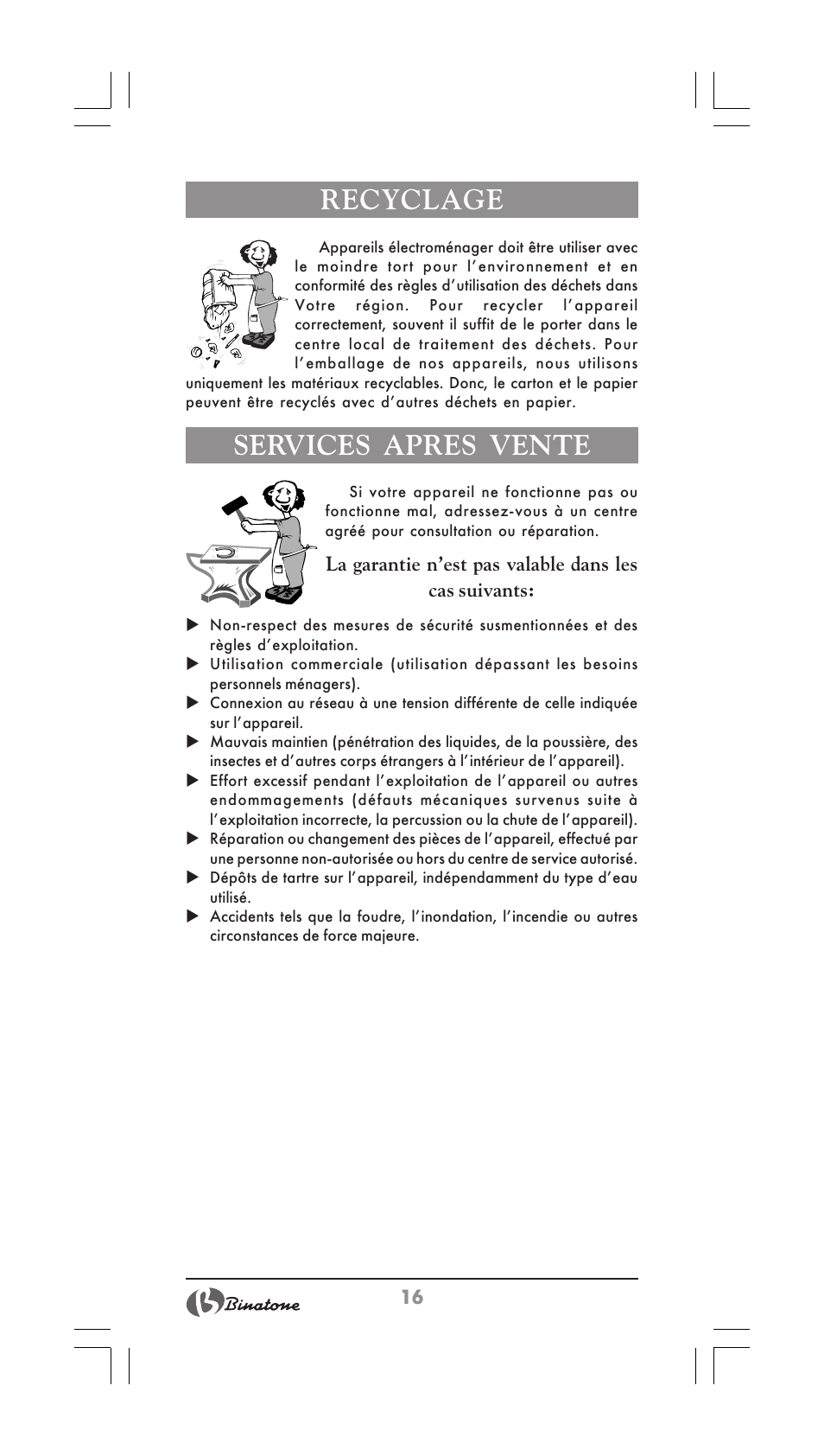 Recyclage, Services apres vente | Binatone SI-2510 User Manual | Page 16 / 34