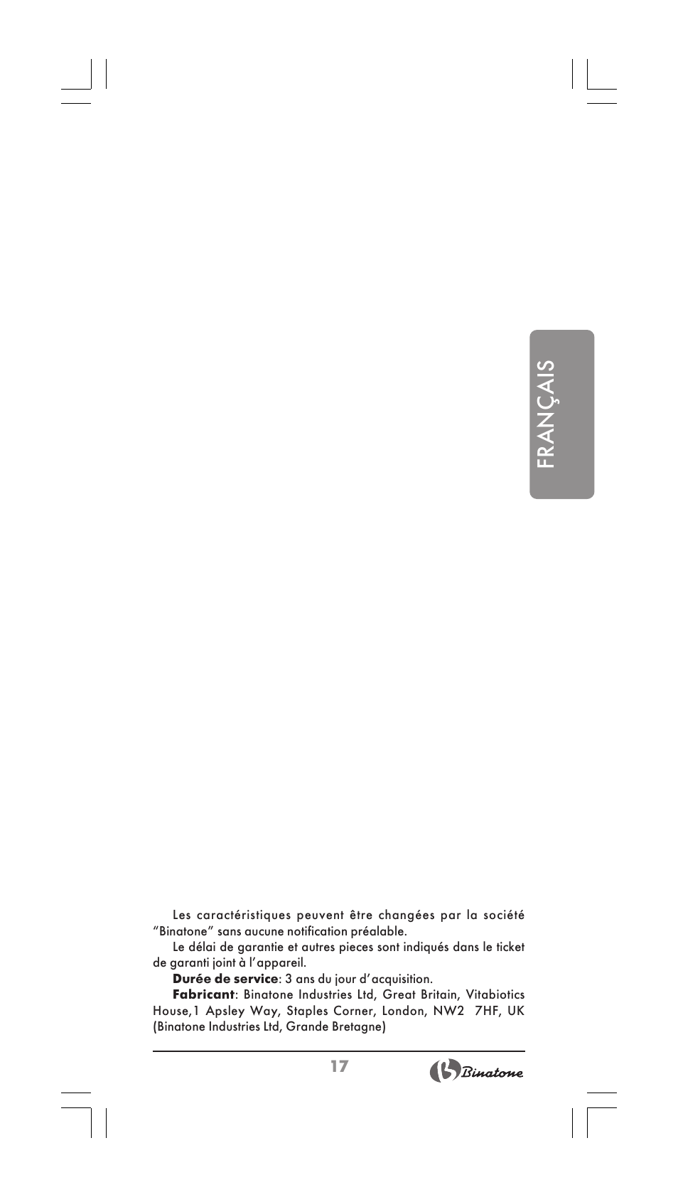 Français | Binatone SI-2510 User Manual | Page 17 / 34