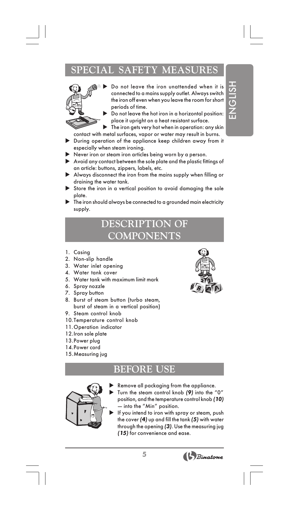 English special safety measures, Description of components, Before use | Binatone SI-2510 User Manual | Page 5 / 34