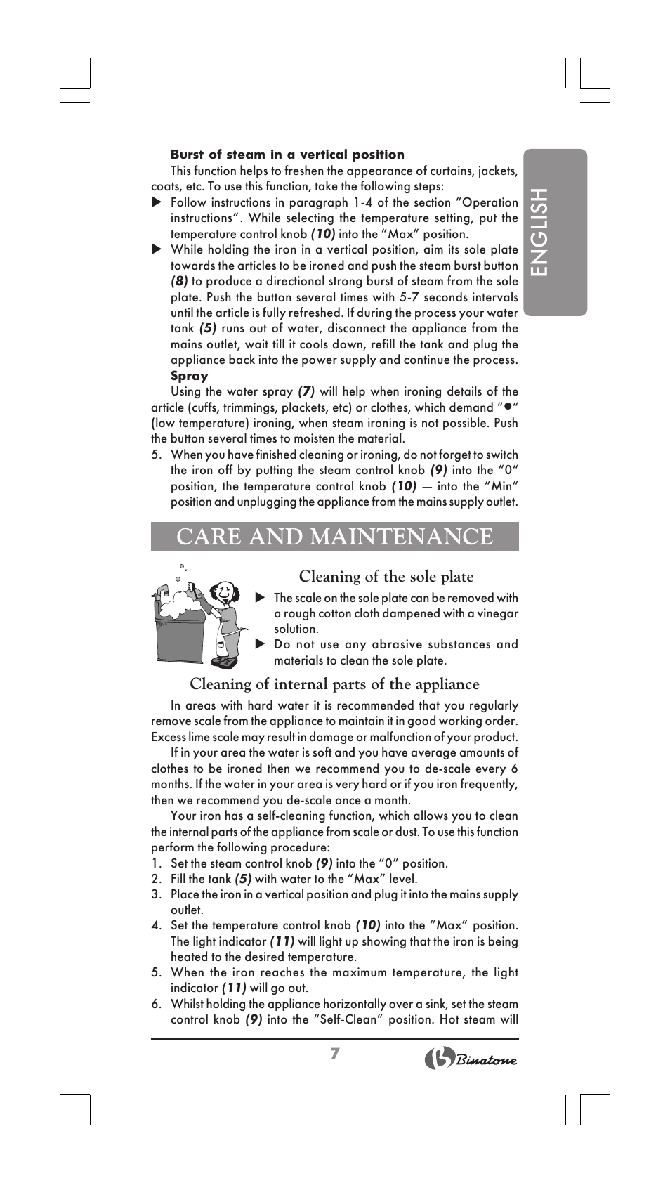 English, Care and maintenance | Binatone SI-2510 User Manual | Page 7 / 34