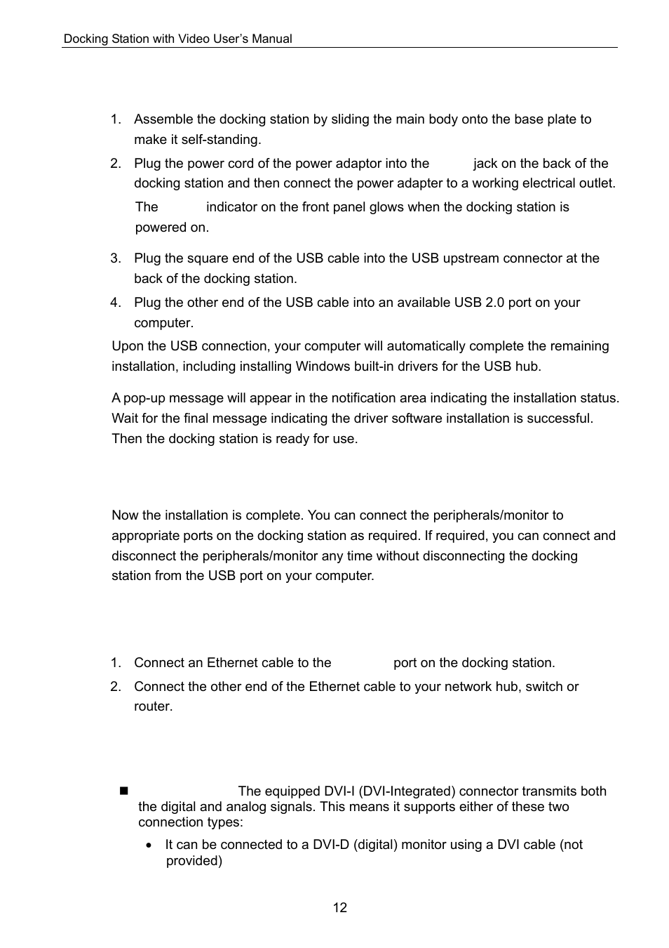 C. connecting the docking station to computer, D. connecting devices to the docking station, Connecting ethernet network device | Connecting vga/dvi monitor | C2G 28653 Docking Station with Video User Manual | Page 16 / 31