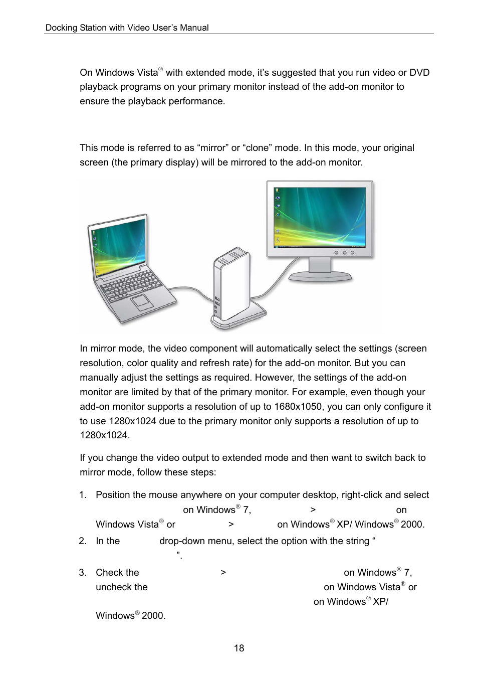 Video and dvd playback in extened mode, Mirror your windows desktop | C2G 28653 Docking Station with Video User Manual | Page 22 / 31