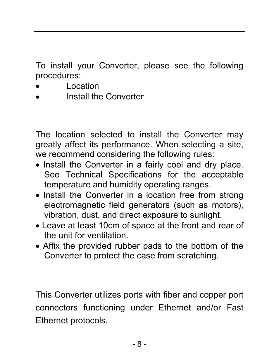 3 installation, Location, Install the converter | C2G 26630 10_100Base-TX to 100Base-TX Media Converter User Manual | Page 12 / 24