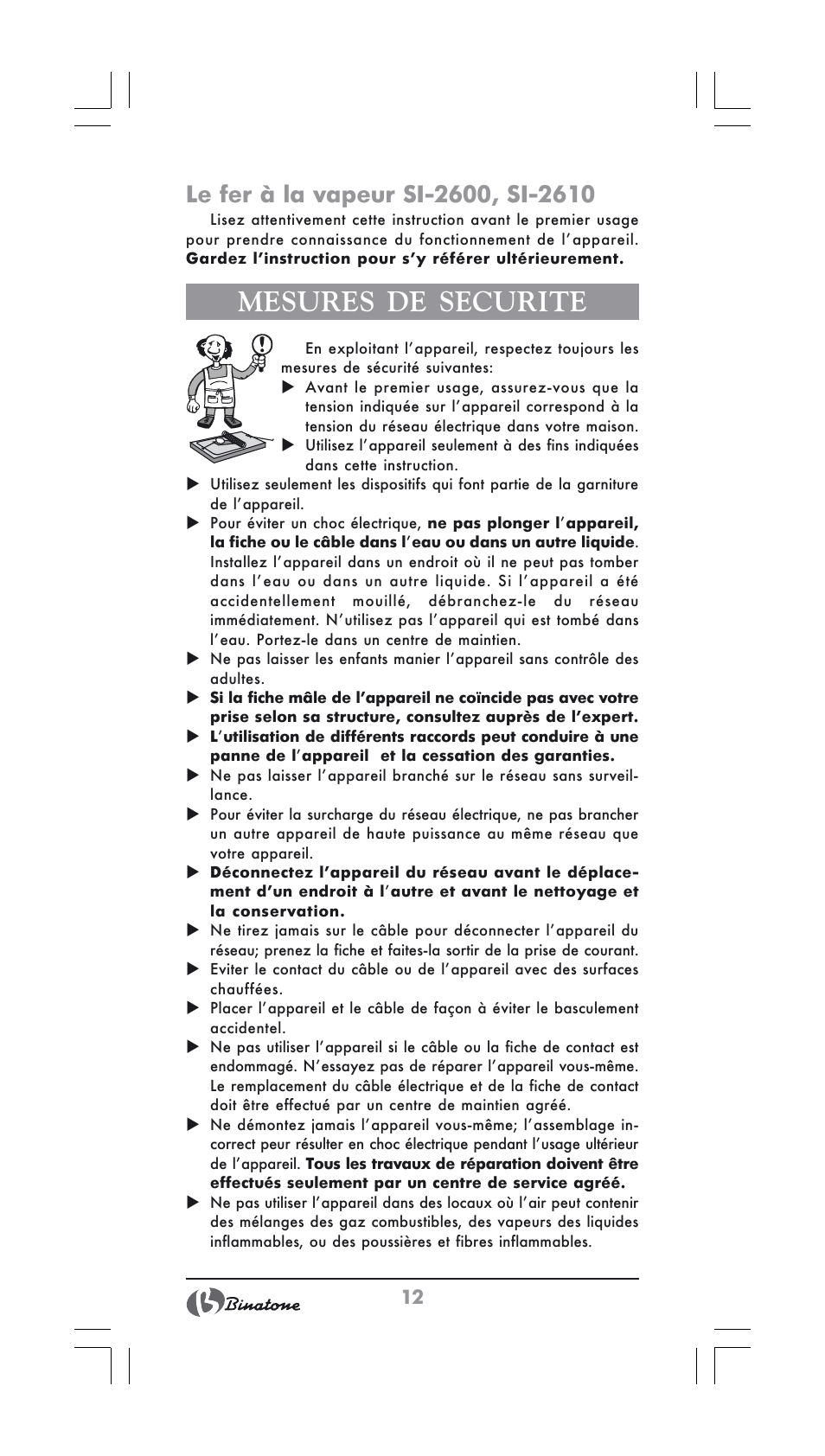 Mesures de securite | Binatone SI-2600 User Manual | Page 12 / 38