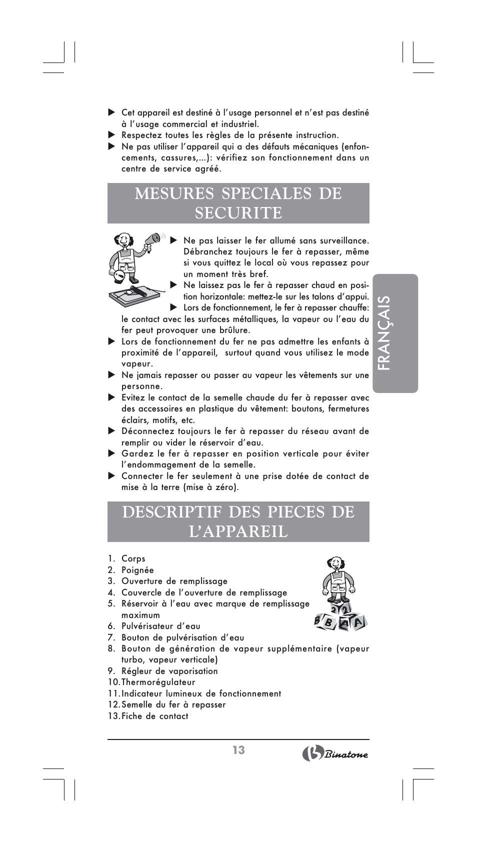Français, Mesures speciales de securite, Descriptif des pieces de l’appareil | Binatone SI-2600 User Manual | Page 13 / 38