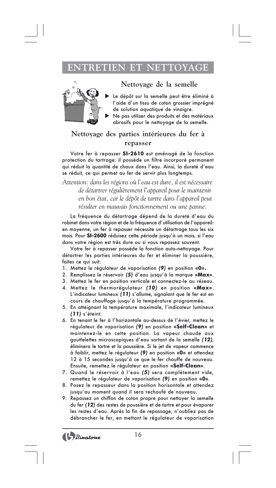 Entretien et nettoyage, Nettoyage de la semelle | Binatone SI-2600 User Manual | Page 16 / 38