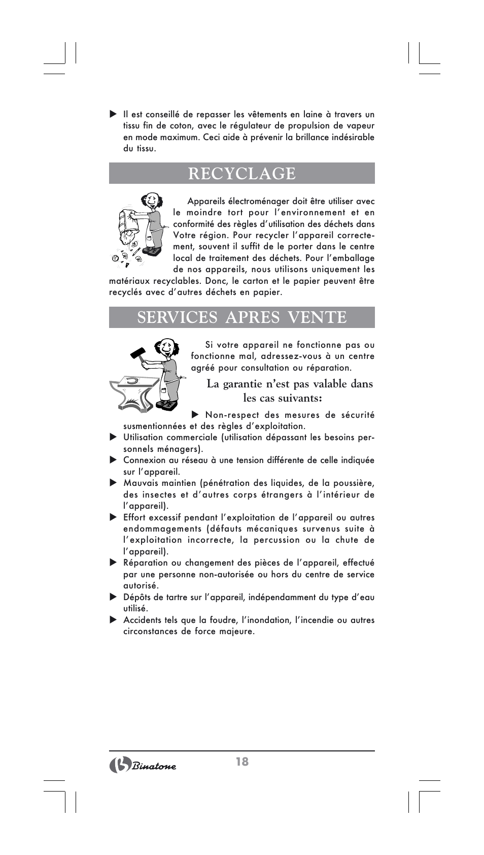 Recyclage, Services apres vente | Binatone SI-2600 User Manual | Page 18 / 38