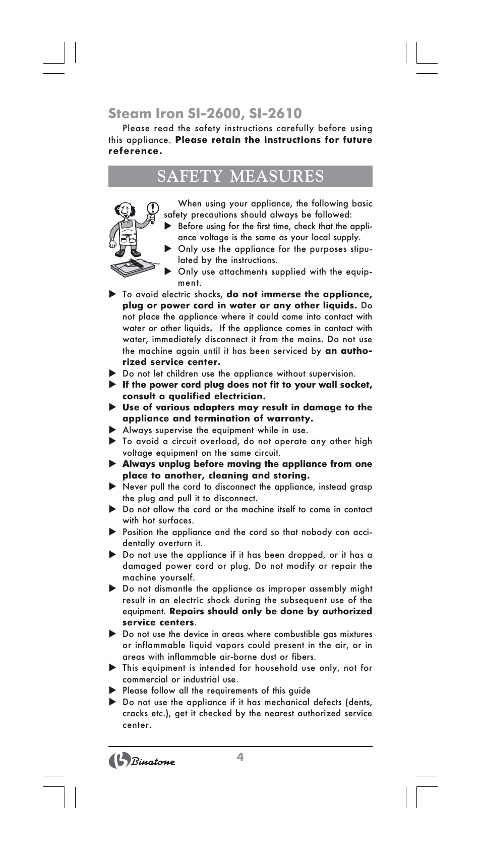 Safety measures | Binatone SI-2600 User Manual | Page 4 / 38