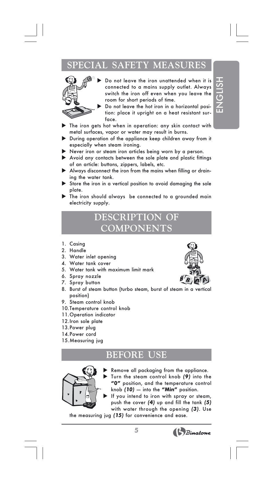 English special safety measures, Description of components, Before use | Binatone SI-2600 User Manual | Page 5 / 38