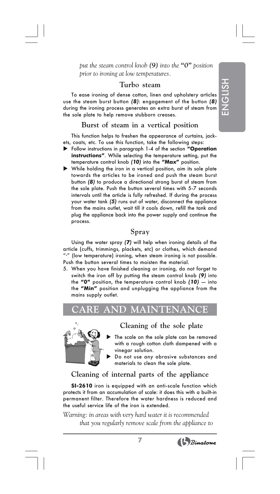 English, Care and maintenance | Binatone SI-2600 User Manual | Page 7 / 38