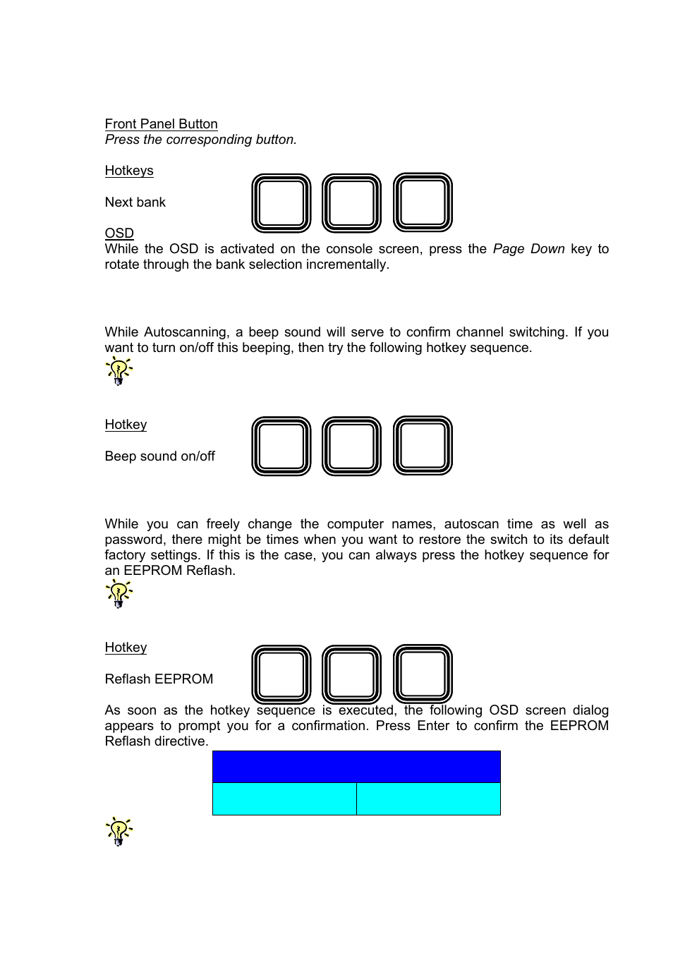 Next higher bank> (when daisy-chained), Autoscan beep sound on/off, Reflash eeprom | C2G 32568 UKV-048OSD_088OSD_0168OSD User Manual | Page 24 / 33