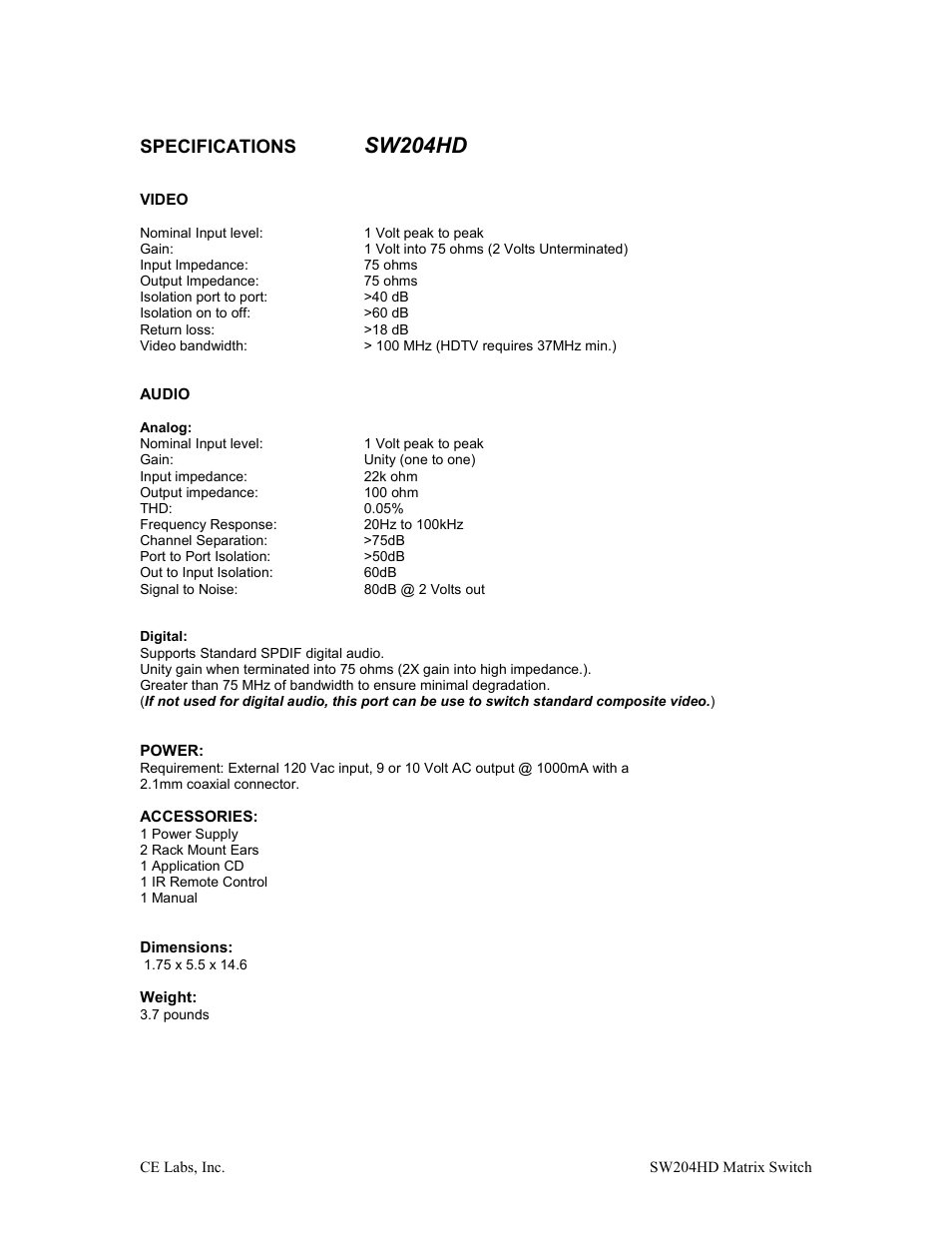 Sw204hd, Specifications | C2G 40473 4 x 2 Matrix HDTV SWITCH User Manual | Page 4 / 9