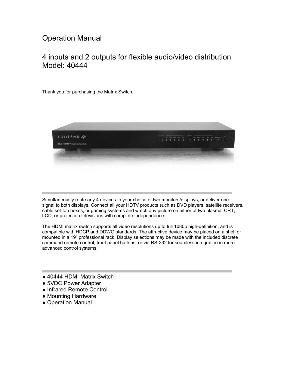 4 x 2 hdmi™ matrix switch, Operation manual | C2G 40444 4 x 2 HDMI Matrix Switch User Manual | Page 2 / 9