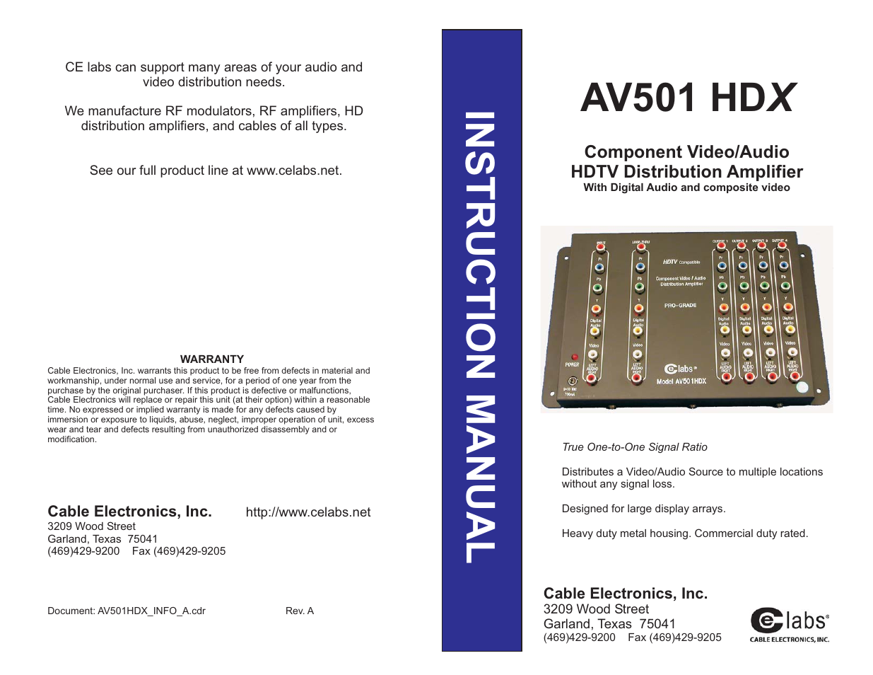 C2G 41166 Component Video_Audio HDTV Distribution Amplifier User Manual | 2 pages