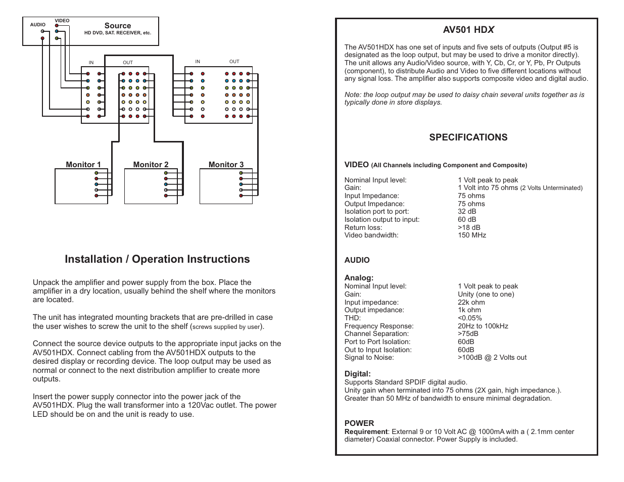 Installation / operation instructions, Av501 hd specifications x | C2G 41166 Component Video_Audio HDTV Distribution Amplifier User Manual | Page 2 / 2