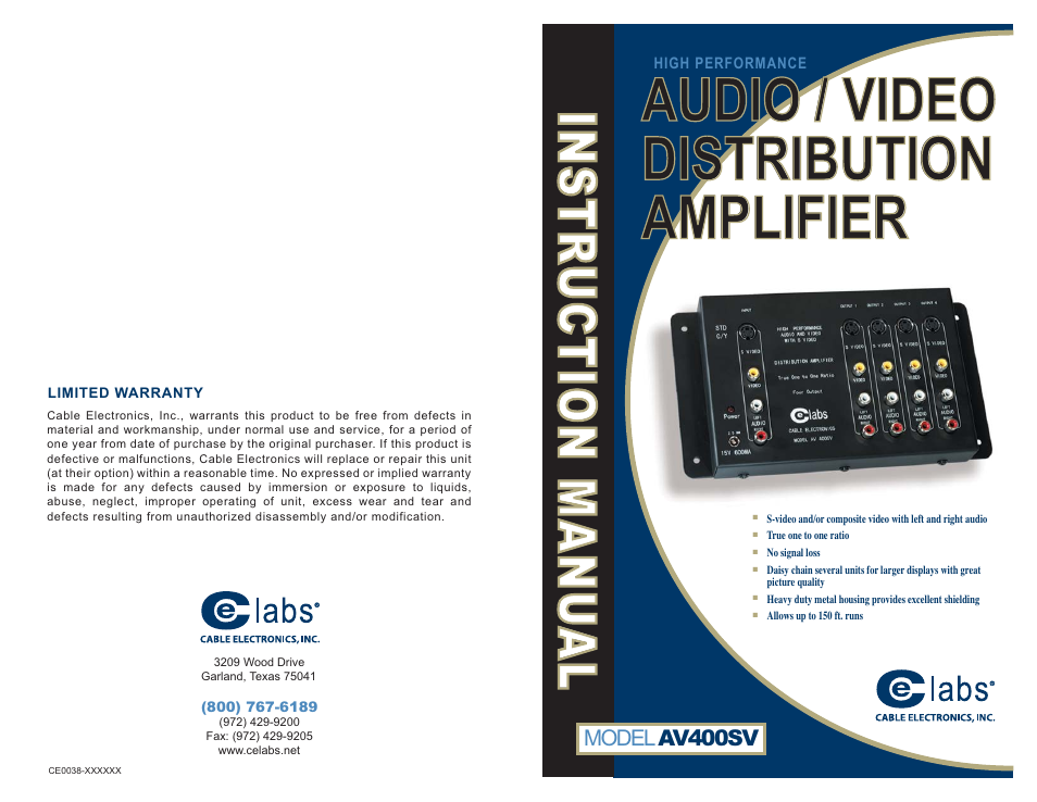 C2G 41064 Video_Audio Distribution Amplifier AV400SV User Manual | 2 pages