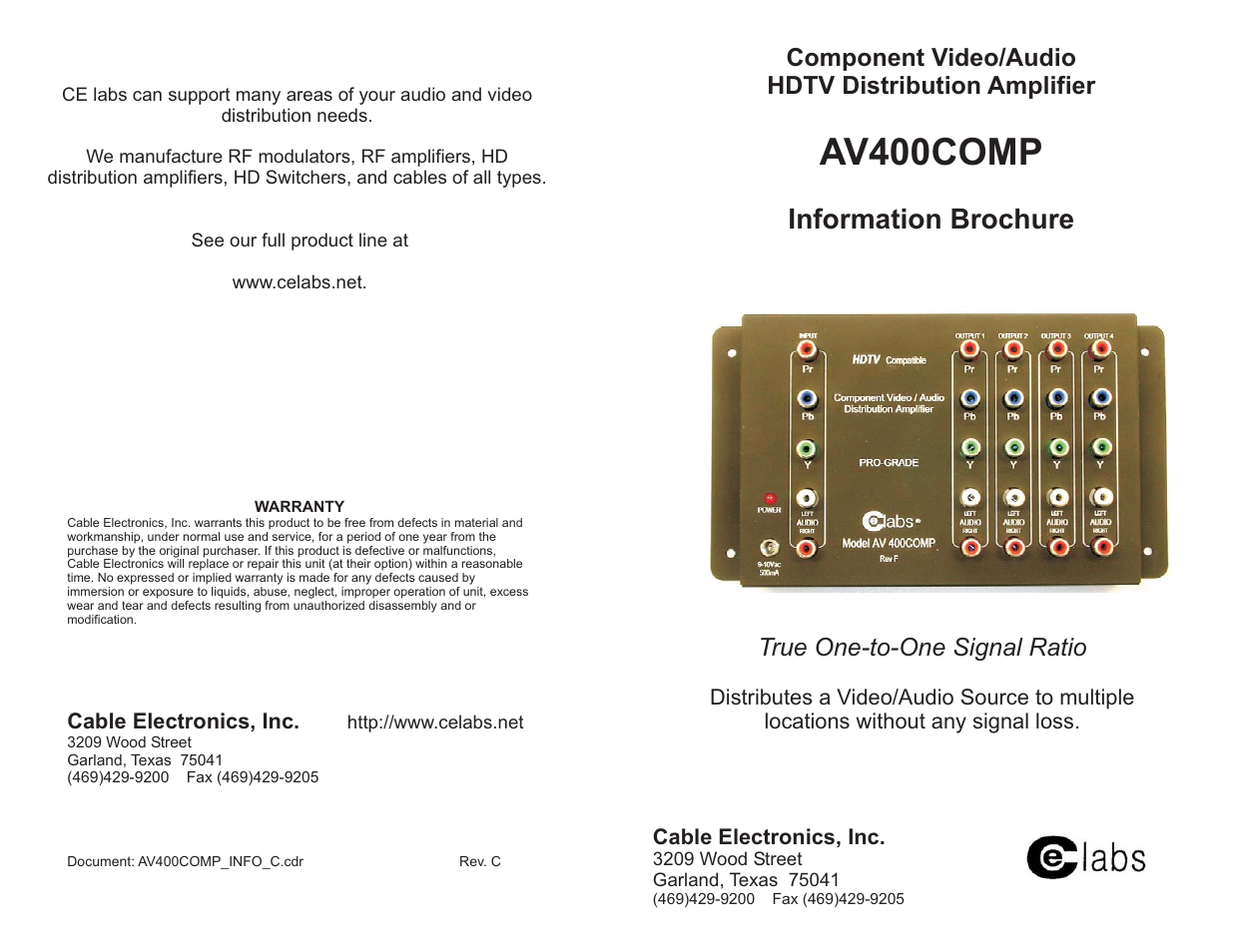 C2G 41065 Component Video_Audio HDTV Distribution Amplifier AV400COMP User Manual | 2 pages