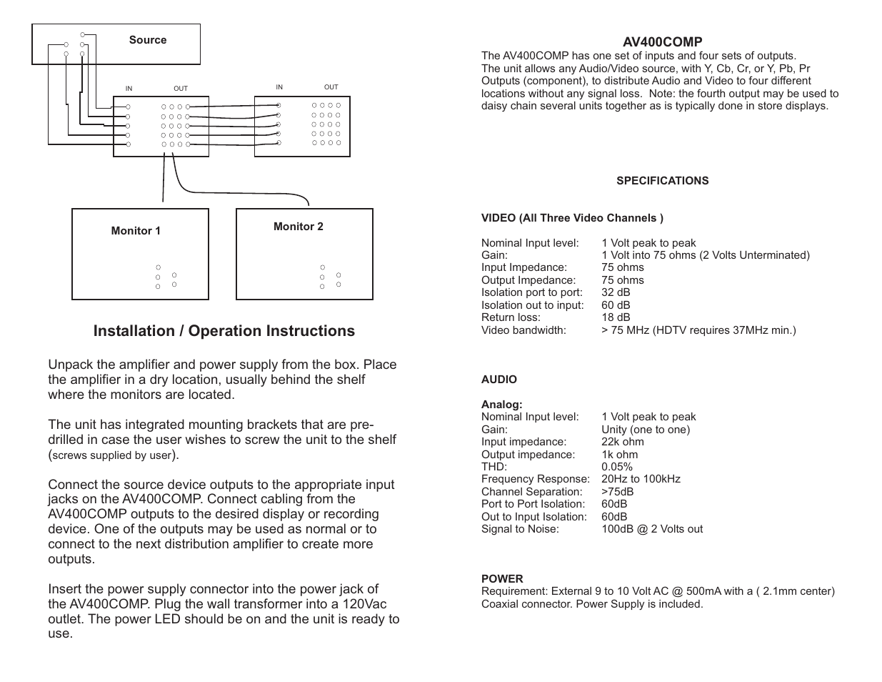 Installation / operation instructions | C2G 41065 Component Video_Audio HDTV Distribution Amplifier AV400COMP User Manual | Page 2 / 2
