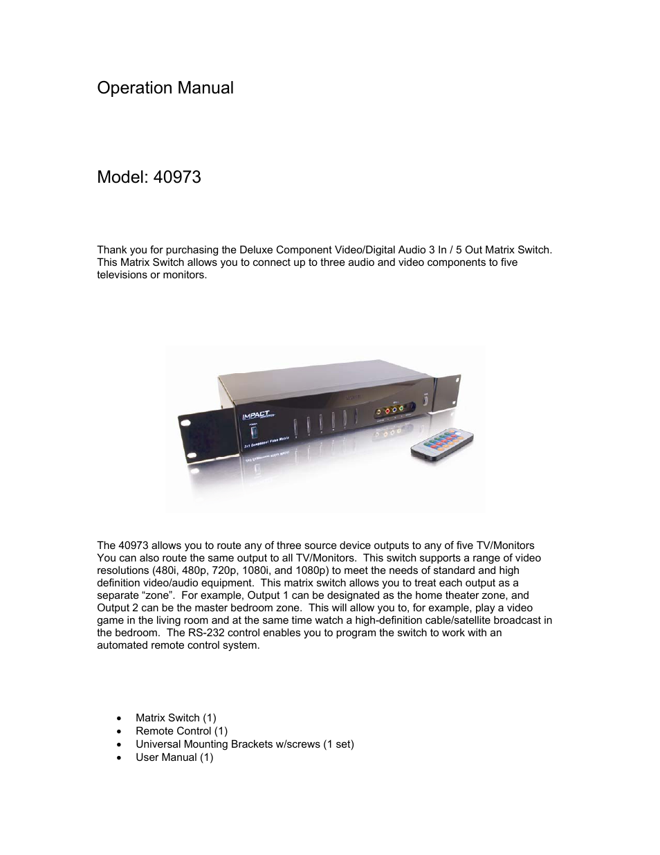 Operation manual | C2G 40973 3x5 Component Video_Digital Audio Matrix Switch w_RS-232 User Manual | Page 3 / 11