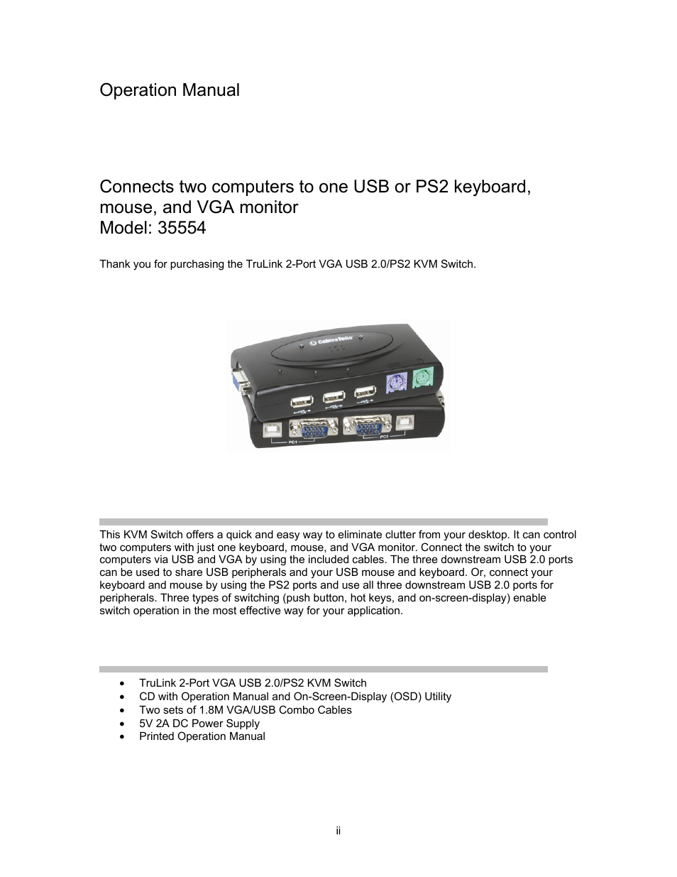 Trulink™2-port vga usb 2.0/ps2 kvm switch, Operation manual | C2G 35554 TruLink 2-Port VGA USB 2.0_PS2 KVM Switch User Manual | Page 2 / 23