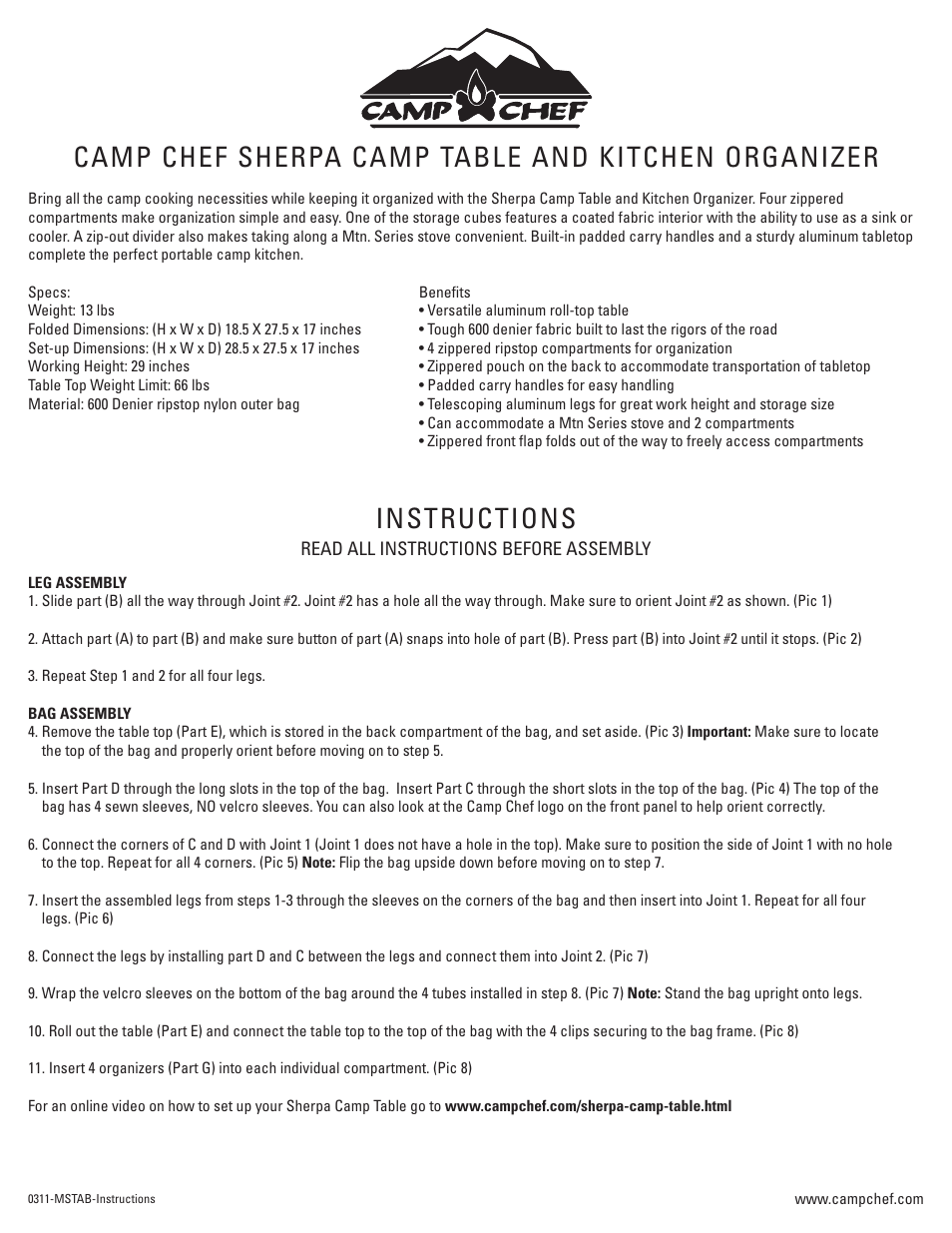 Camp chef sherpa camp table and kitchen organizer, Instructions | Camp Chef MSTAB Sherpa Table & Organizer User Manual | Page 2 / 2