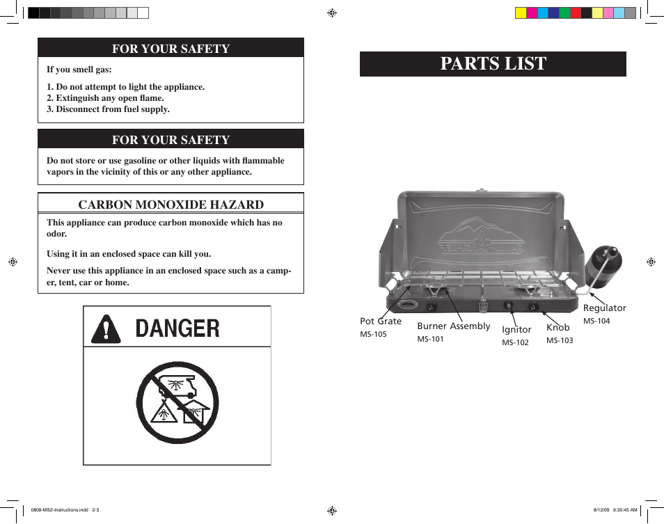 Parts list, For your safety, Carbon monoxide hazard | Camp Chef MS2 User Manual | Page 2 / 9