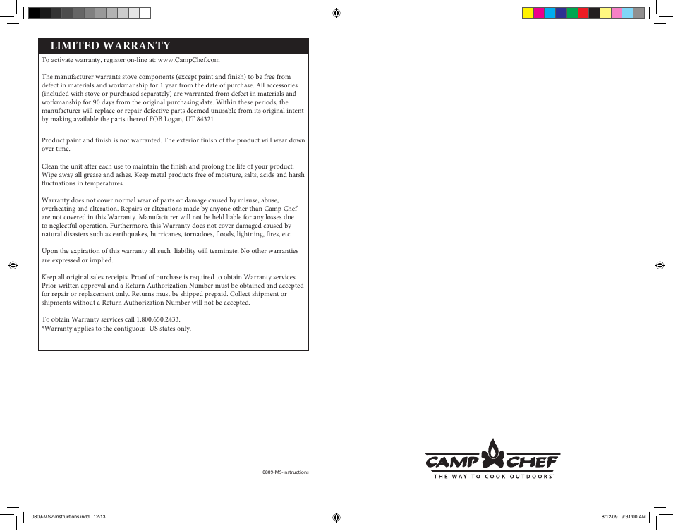 Limited warranty | Camp Chef MS2 User Manual | Page 7 / 9