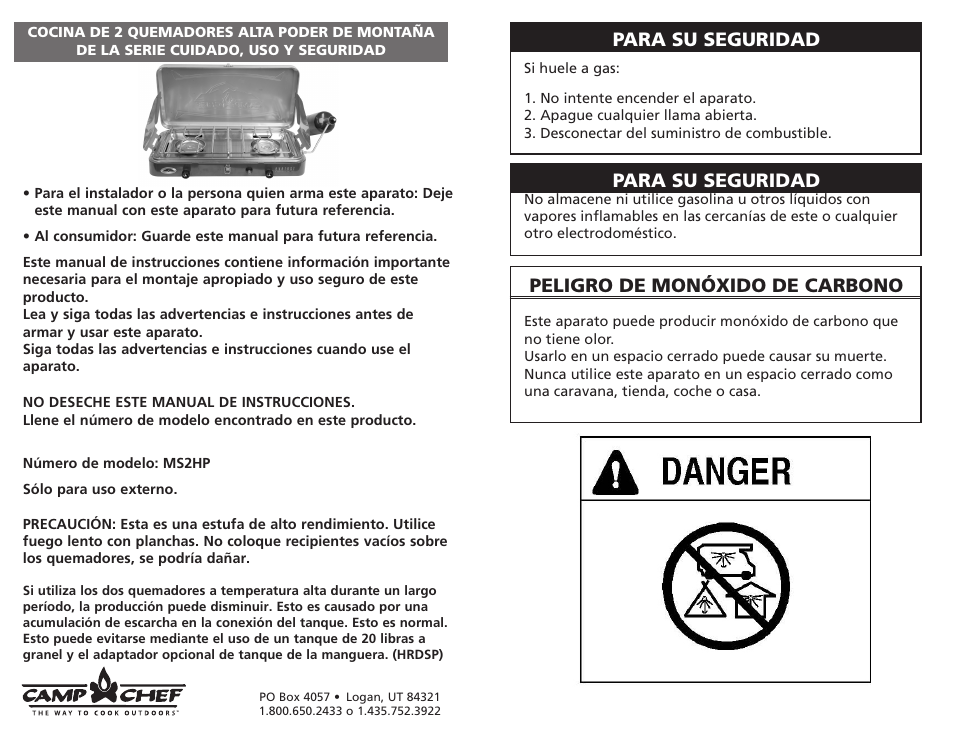 Para su seguridad, Peligro de monóxido de carbono | Camp Chef MS2HP User Manual | Page 11 / 17