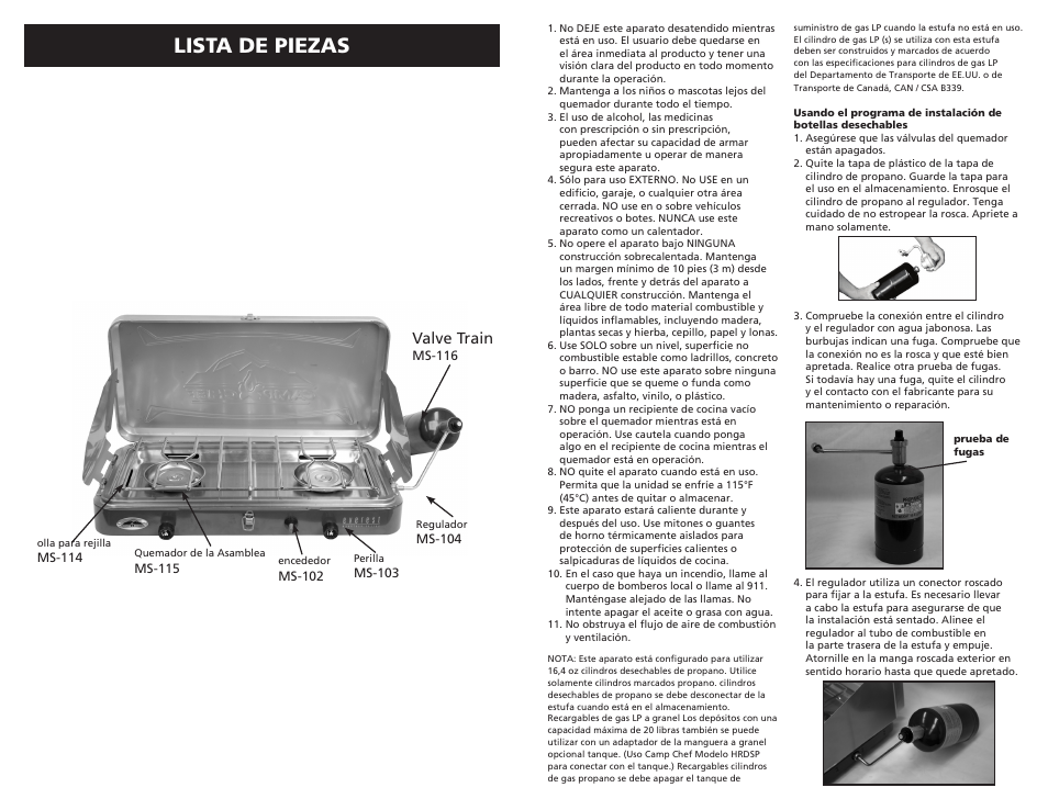 Lista de piezas, Valve train | Camp Chef MS2HP User Manual | Page 12 / 17