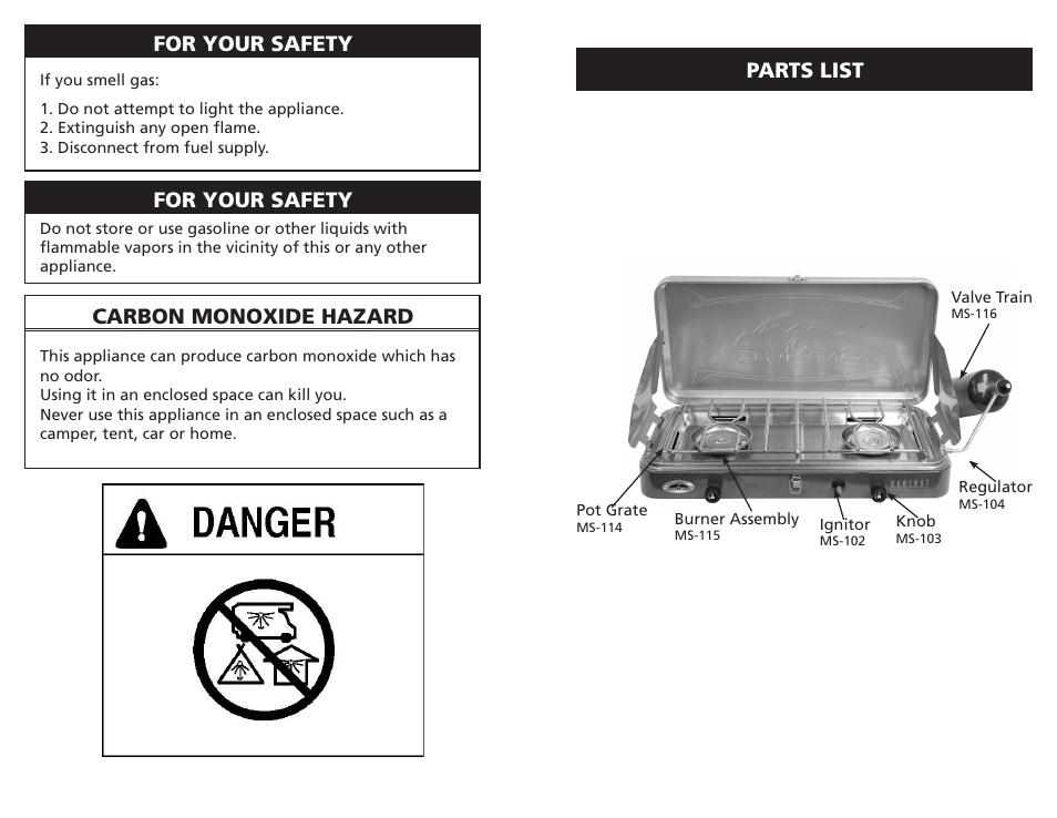 Parts list for your safety, For your safety, Carbon monoxide hazard | Camp Chef MS2HP User Manual | Page 2 / 17