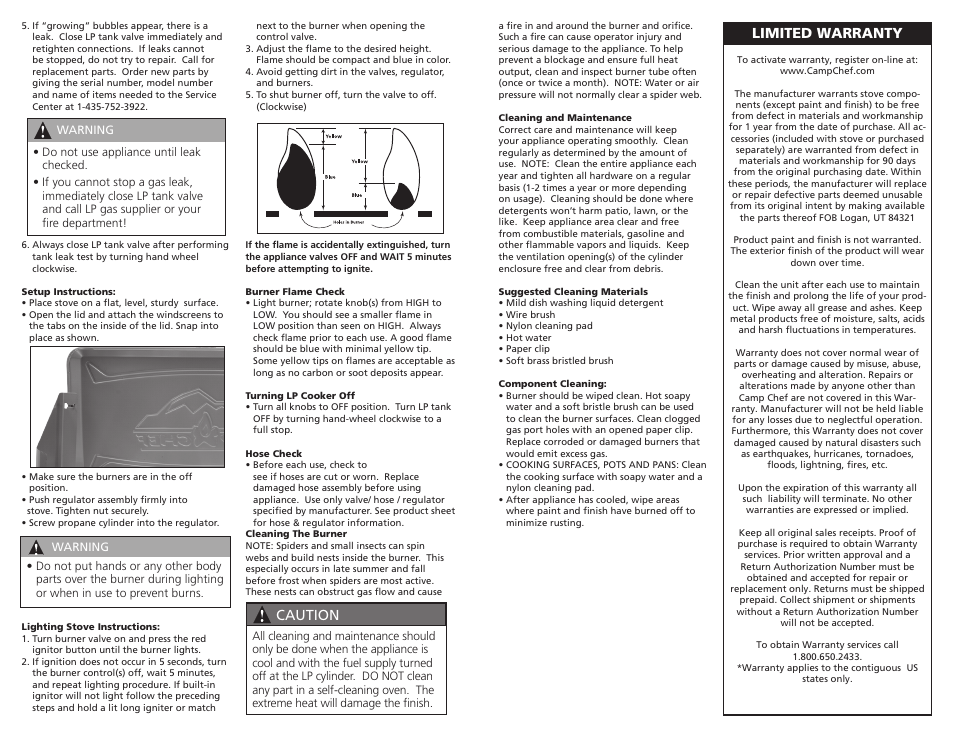 Caution, Limited warranty | Camp Chef MS2HP User Manual | Page 5 / 17