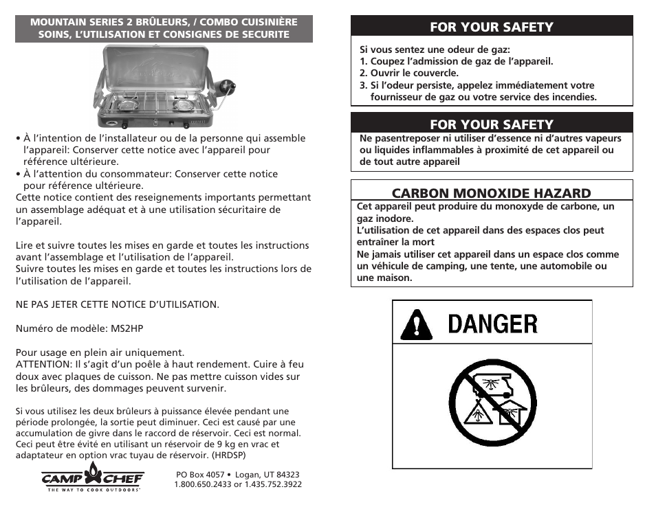 For your safety, Carbon monoxide hazard | Camp Chef MS2HP User Manual | Page 6 / 17