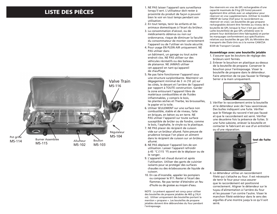 Liste des pièces, Valve train | Camp Chef MS2HP User Manual | Page 7 / 17