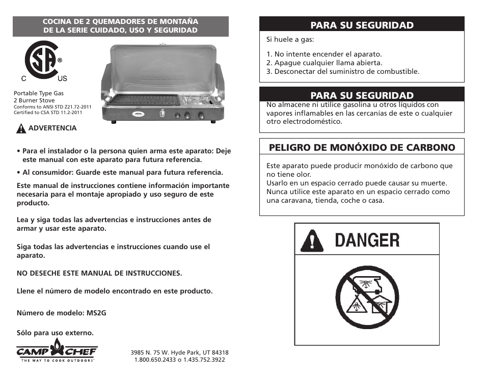 Para su seguridad, Peligro de monóxido de carbono | Camp Chef MS2GG User Manual | Page 11 / 17