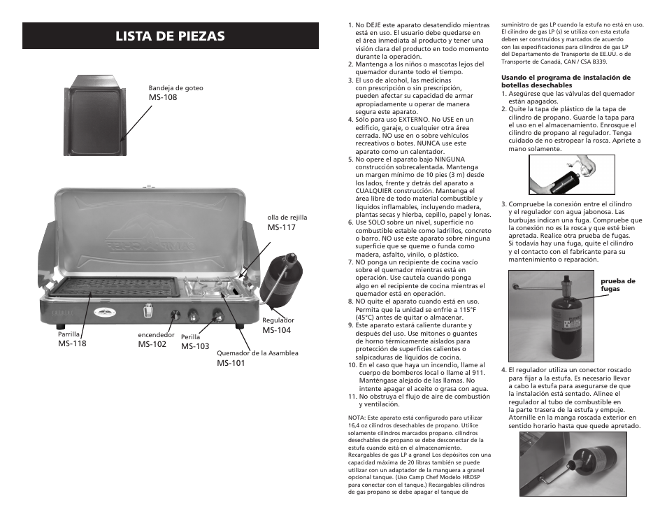 Lista de piezas | Camp Chef MS2GG User Manual | Page 12 / 17