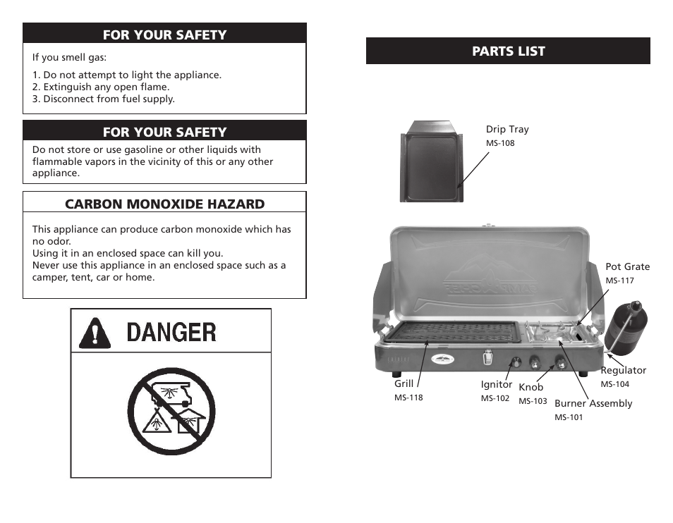 Parts list for your safety, For your safety, Carbon monoxide hazard | Camp Chef MS2GG User Manual | Page 2 / 17