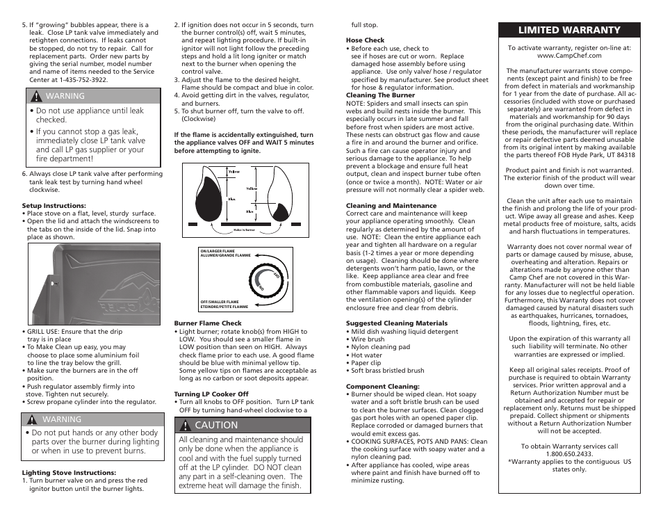 Caution, Limited warranty | Camp Chef MS2GG User Manual | Page 5 / 17