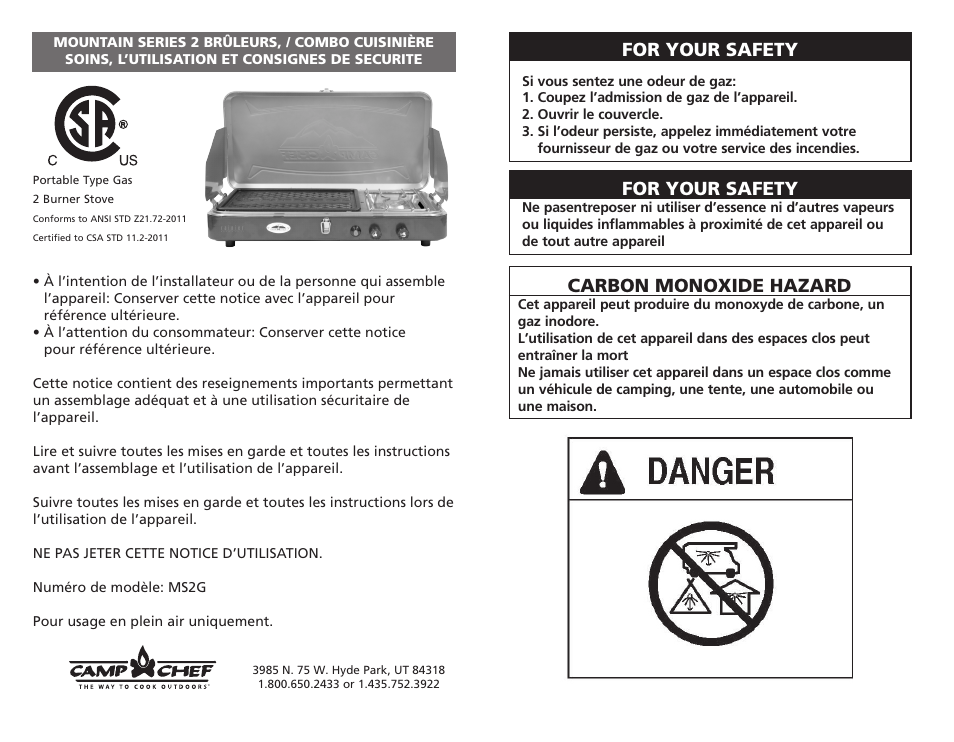 For your safety, Carbon monoxide hazard | Camp Chef MS2GG User Manual | Page 6 / 17